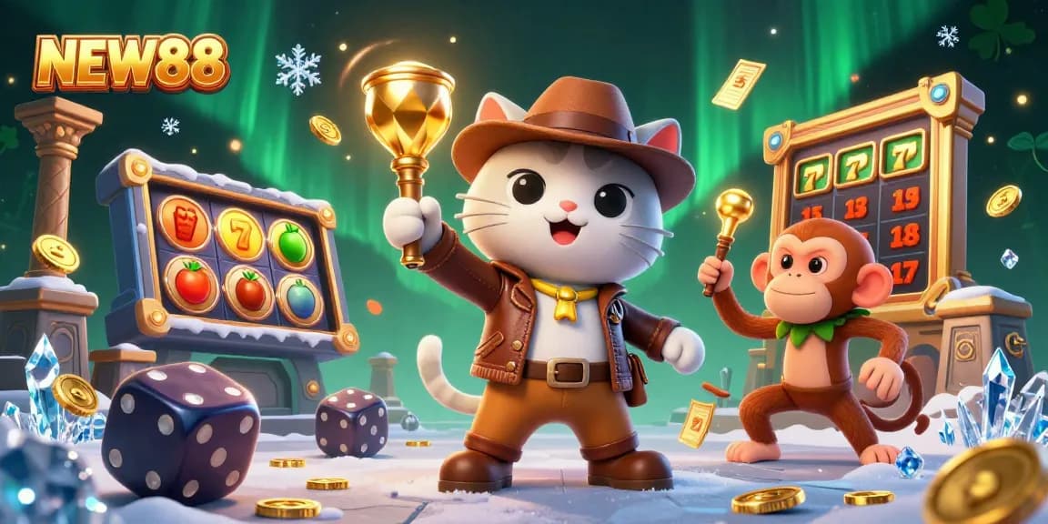 NEW88 showcases an explorer cat uncovering casino treasures amidst vibrant slot reels and dynamic golden elements.