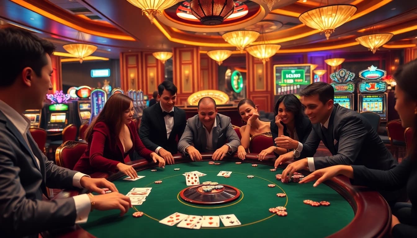 LC88 poker players are engaged in a thrilling high-stakes game at an elegant casino table.