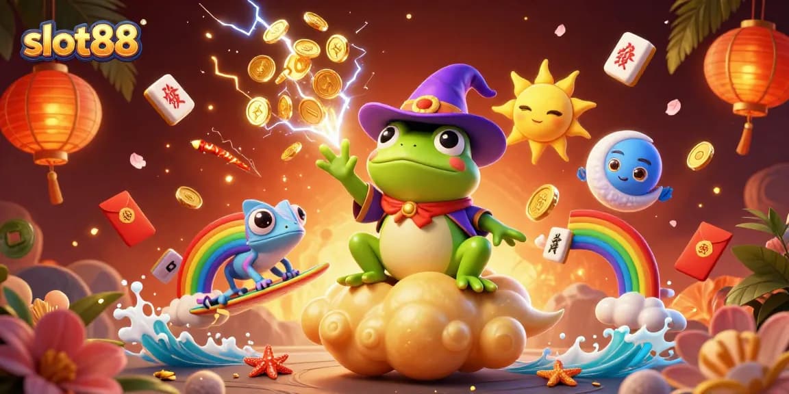Experience slot88 excitement with a dazzling illustration of a weather wizard frog and chameleon amidst golden coins.