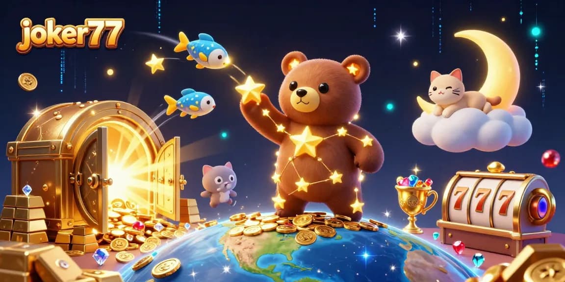 Experience the excitement of joker77 as a constellation bear collects coins in a vibrant casino scene.