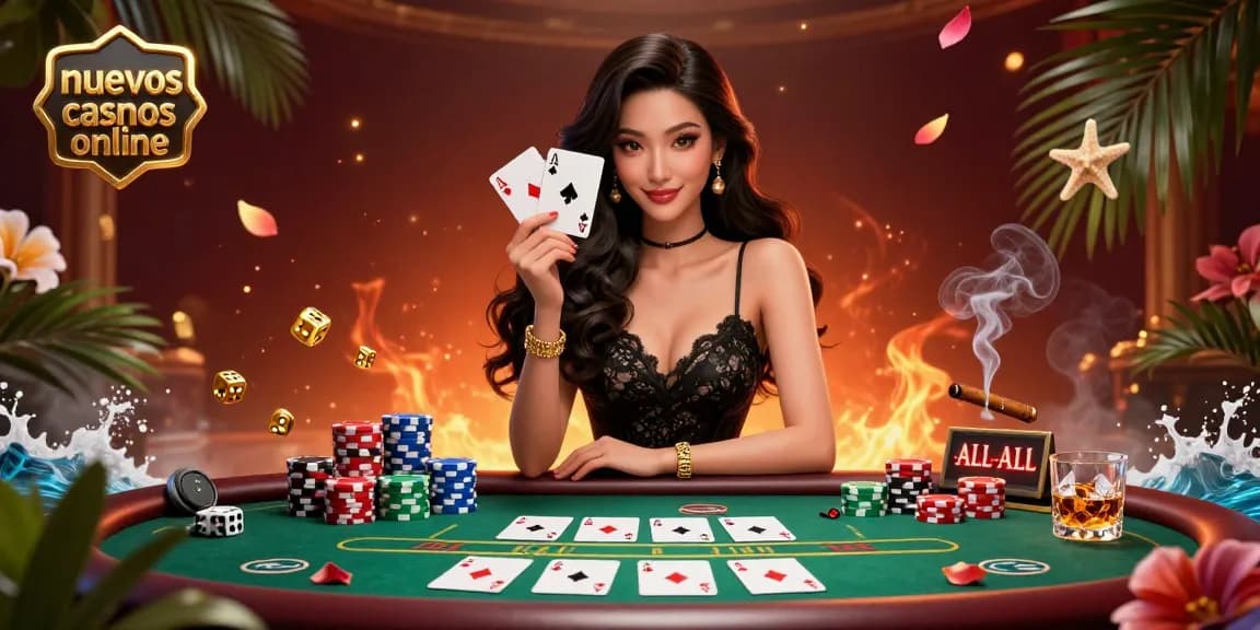 Experience excitement at nuevos casinos online with a glamorous Asian woman holding poker cards and surrounded by chips.