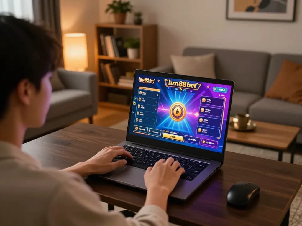 Engaging with an online slot game while enjoying a cozy atmosphere with hm88 bet.