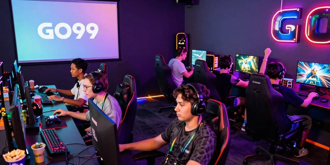 Engaged players in a vibrant GO99 online gaming hub showcasing excitement and gaming equipment.