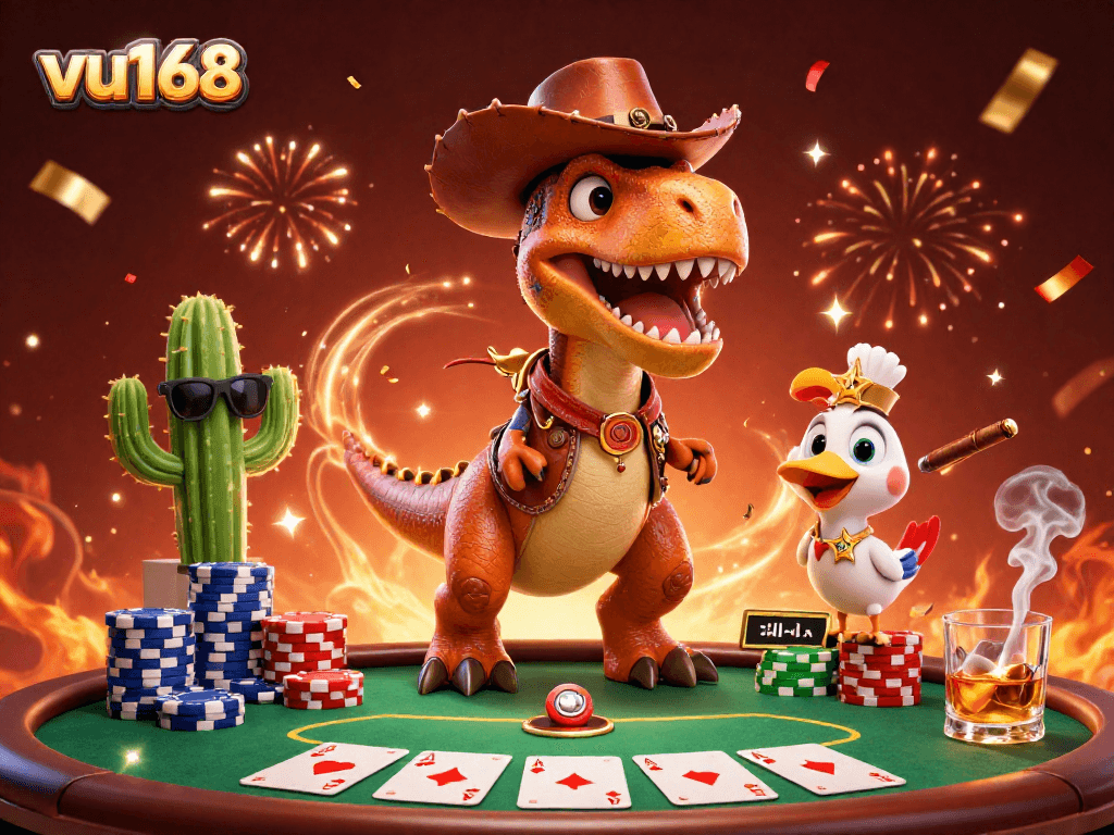 Engage with the vibrant world of vu168 as a T-Rex cowboy and friends bet at a lively poker table.