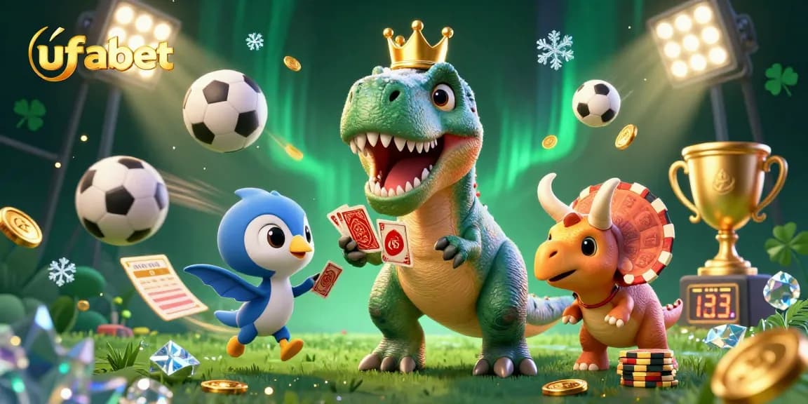 Experience engaging sports betting with ufabet, showcasing a T-Rex and friends amidst dynamic game elements.