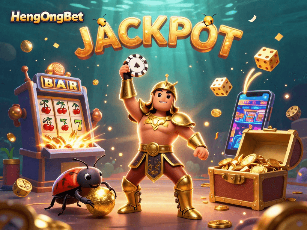 Engage with HengOngBet's exciting jackpot scene featuring a victorious beetle and dazzling casino elements.