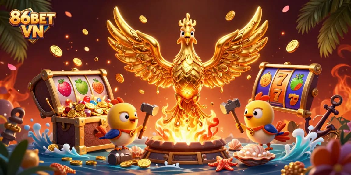 Experience the thrill of 86BET VN with gold coins, a majestic phoenix, and vibrant slot elements.