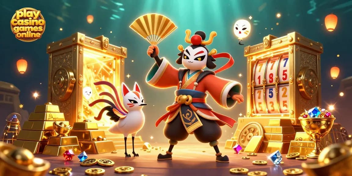 Engaging art to play casino games online with dynamic slot reels, kabuki warrior, and treasures.