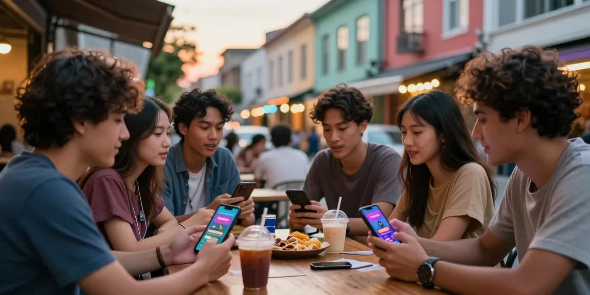 Friends discussing pajaktoto togel at an outdoor cafe, showing smartphones with games.