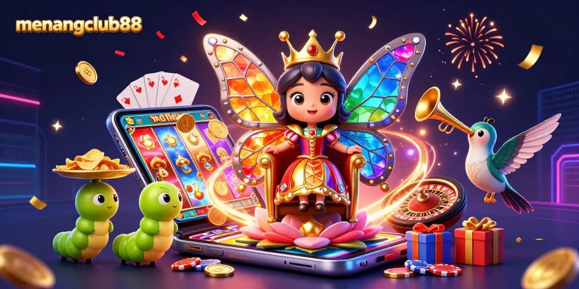 Engage with menangclub88 as the butterfly queen presides over a vibrant casino adventure surrounded by dynamic game elements.