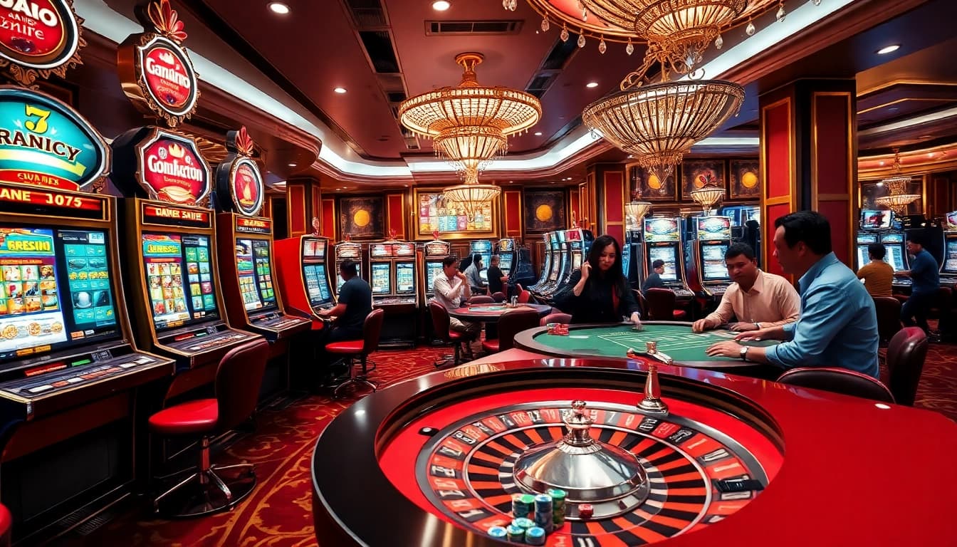 Players celebrating wins on pahala4d slot machines in a luxurious casino atmosphere.