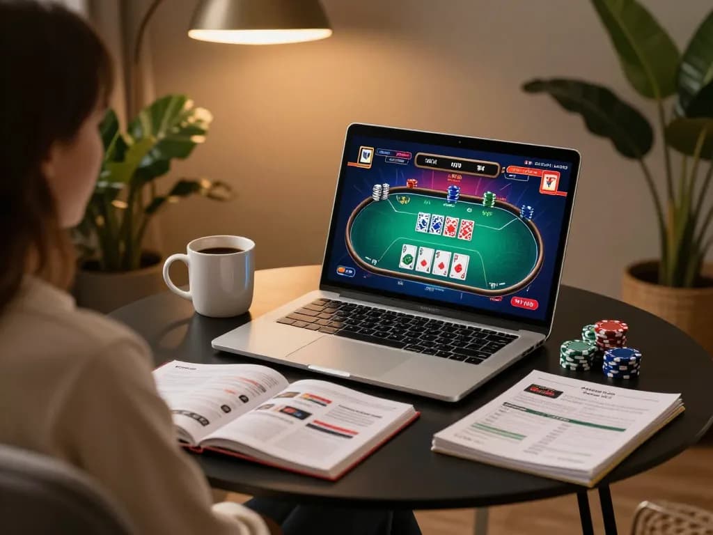 Engaging with nk88 nhà cái on a laptop, showcasing an immersive online poker experience.