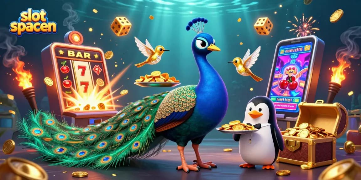 Experience the thrill of slot spaceman in this cosmic casino illustration with vibrant characters and exciting game elements.
