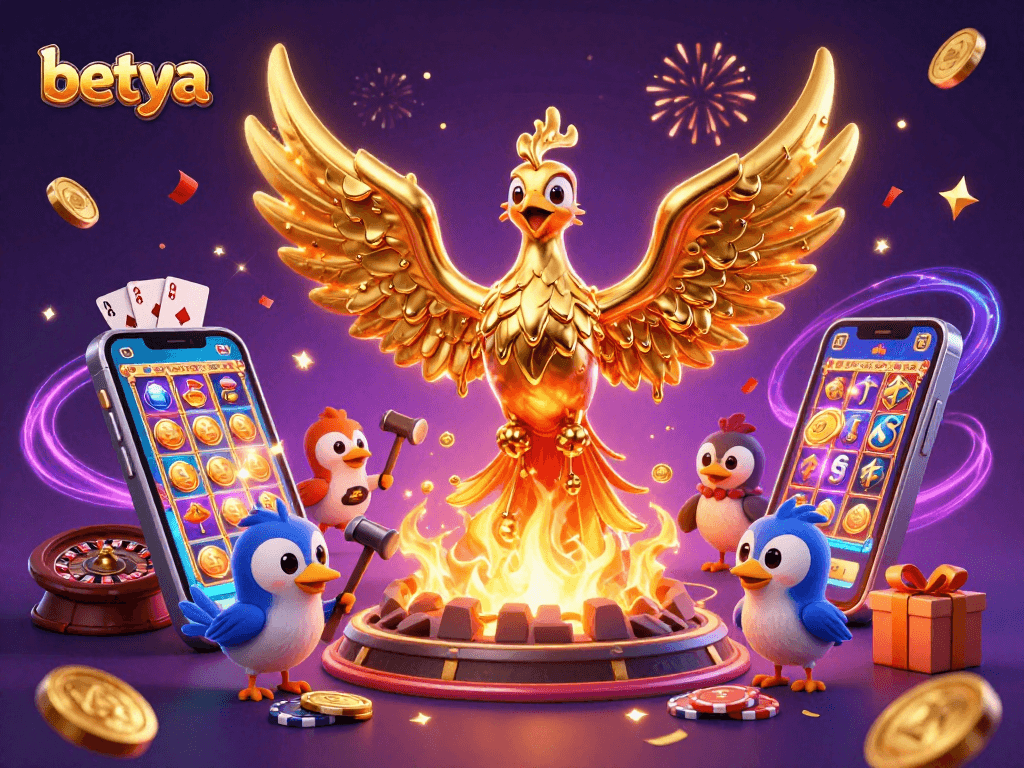 Betya logo features a golden phoenix and gaming elements in an engaging casino-themed scene.
