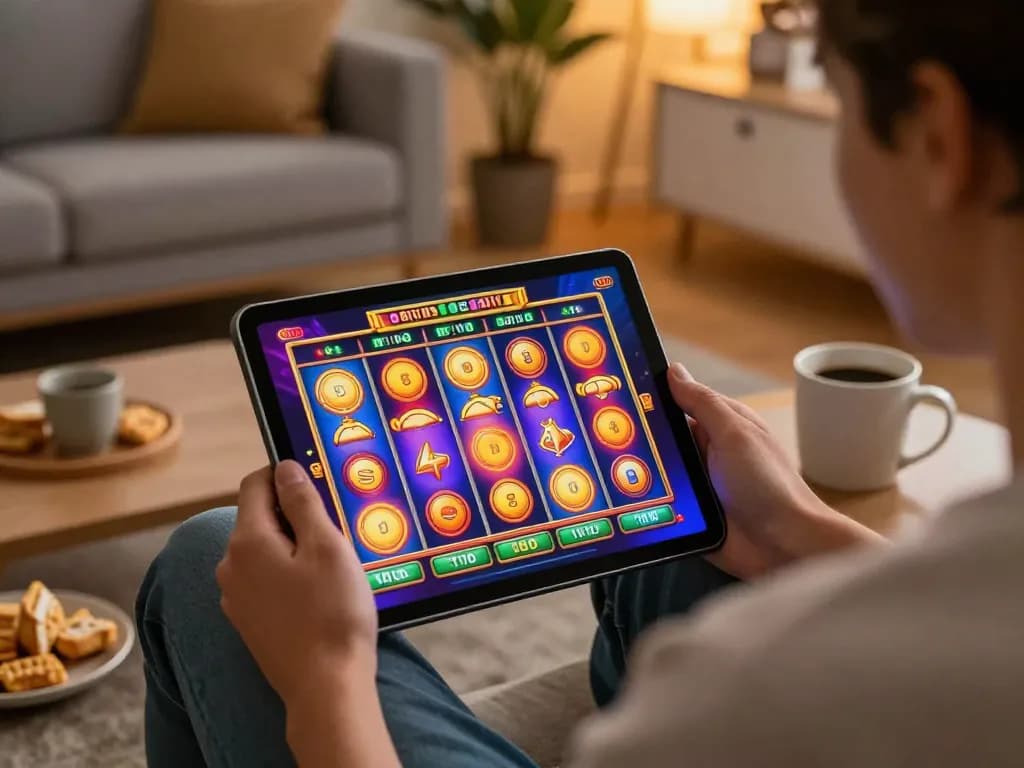 Engaging in online CM88 slots gameplay on a tablet in a cozy home setting