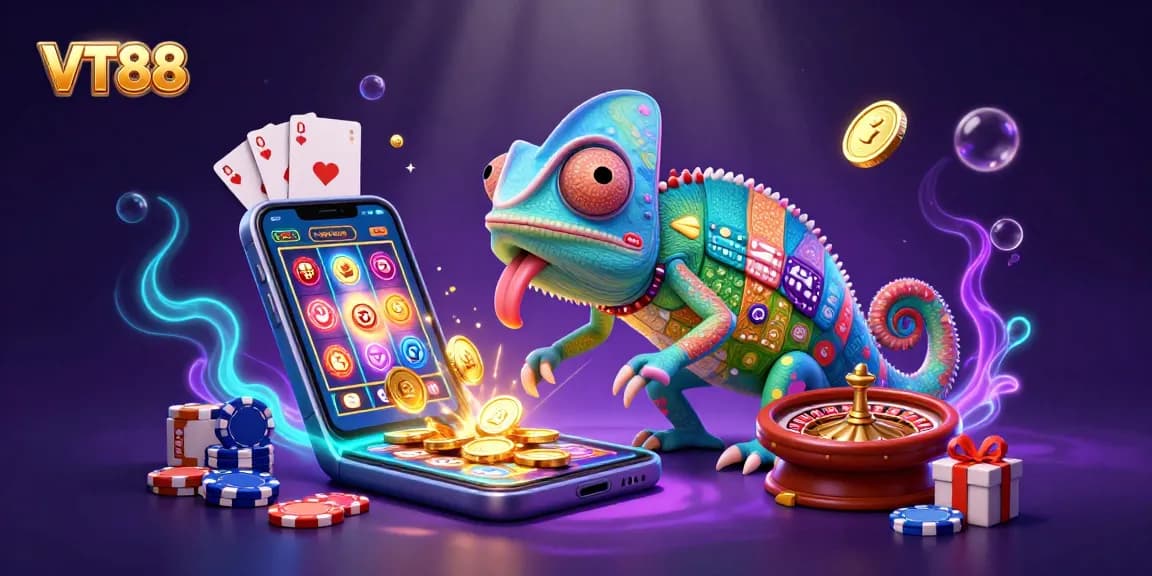 VT88 chameleon casino owner engaging players at a vibrant gaming table, highlighting excitement.