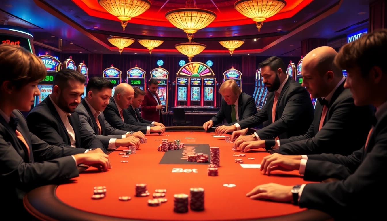 Zbet gaming action at a poker table with excited players, vibrant chips, and a professional dealer.