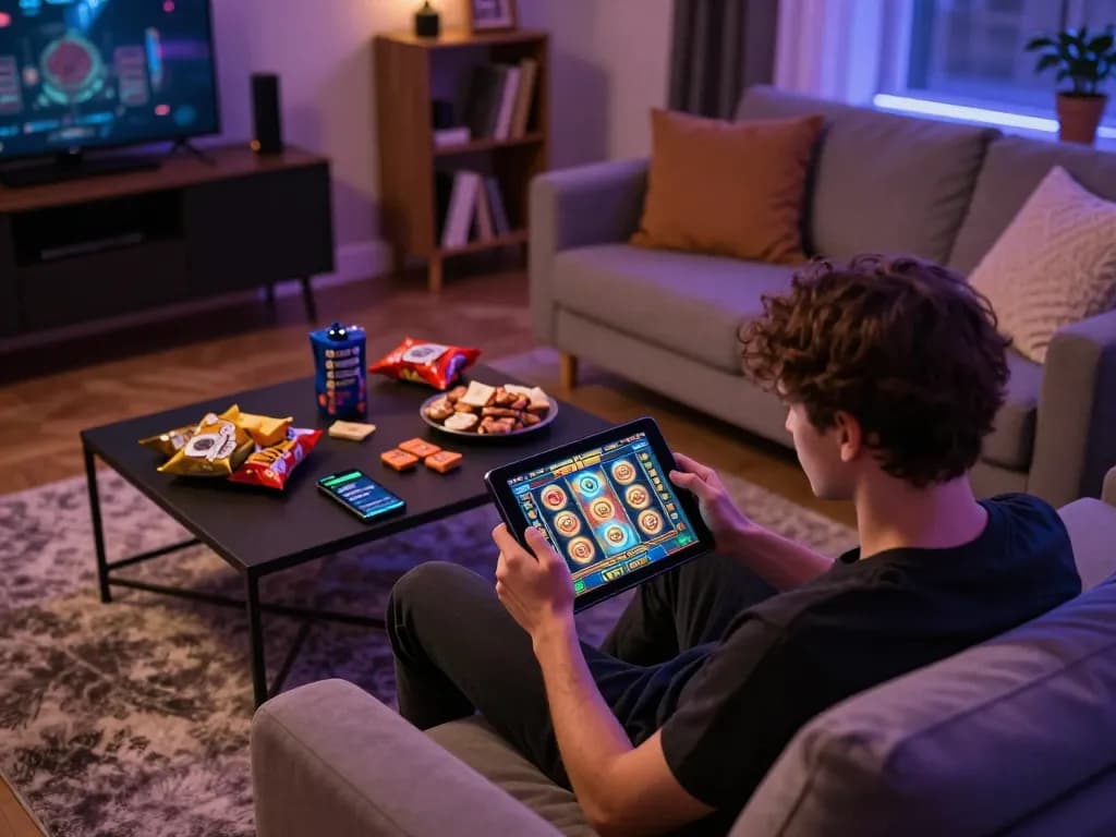 Engaging gameplay on slot online with a relaxed gamer using a tablet at home.