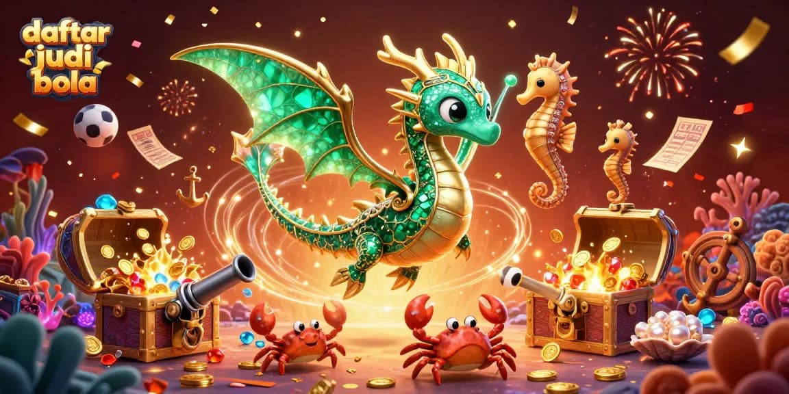 Engage in daftar judi bola with vibrant visuals of a sea dragon, treasure, and festive elements.