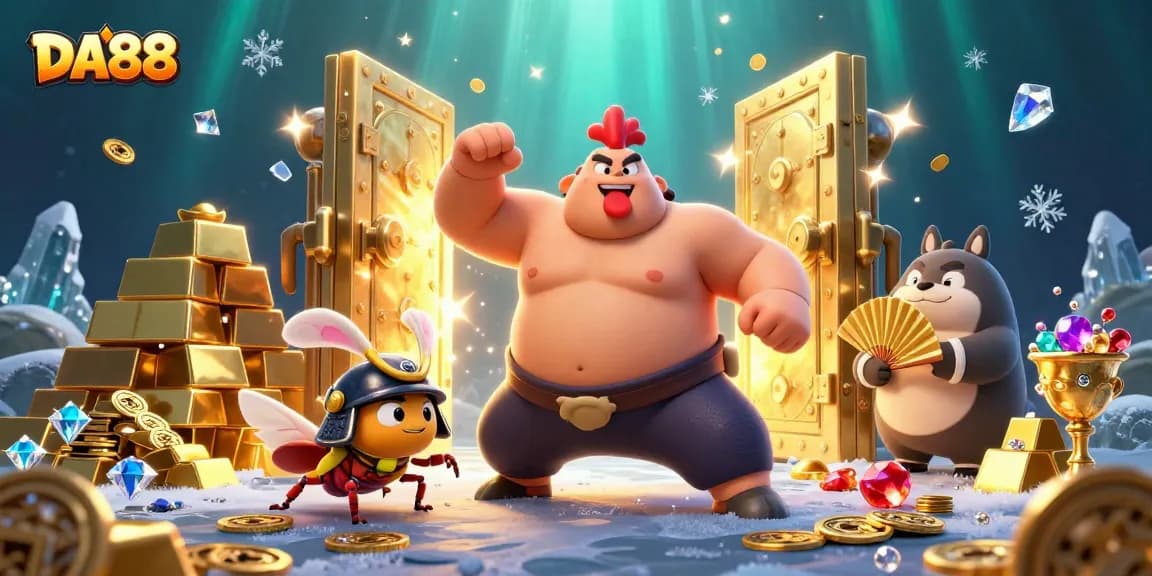 Engage with DA88, featuring a powerful sumo rooster, a fierce cricket, and sparkling treasures in a vibrant casino scene.