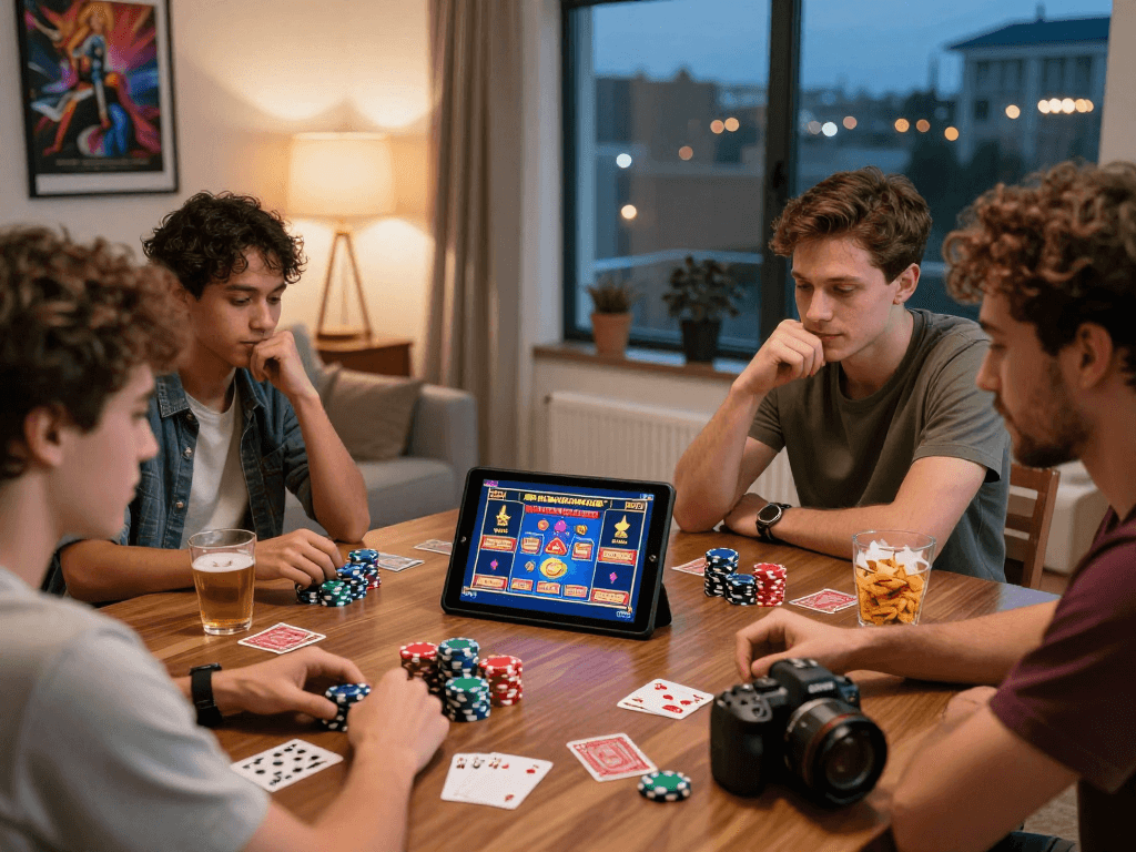 Group of friends enjoying USA casinos for UK players with poker chips and tablet, cozy gaming atmosphere.