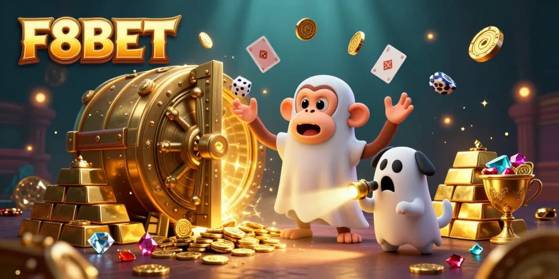 Experience thrilling gaming at F8BET with a captivating haunted casino scene featuring a mischievous monkey and ghost-hunter puppy.