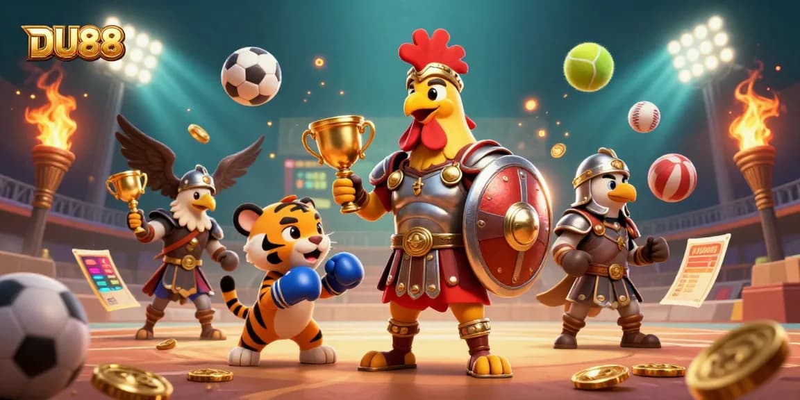 Experience the thrill of betting strategies with DU88 in a vibrant, action-packed casino illustration.
