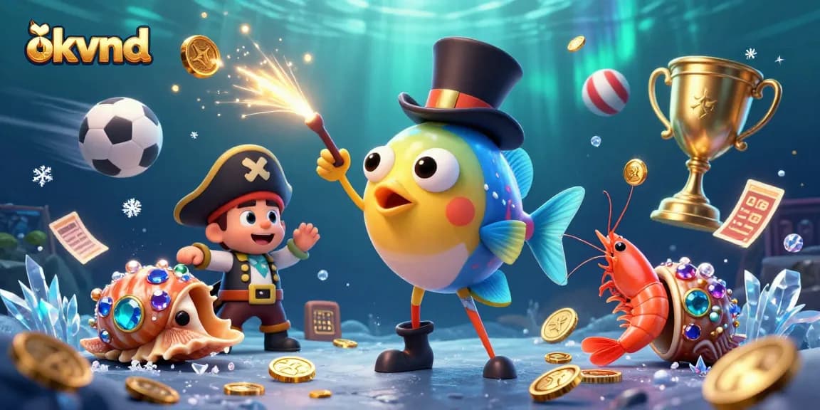 okvnd showcases an energetic gambling-themed scene with a pirate shrimp, anglerfish, and treasures.