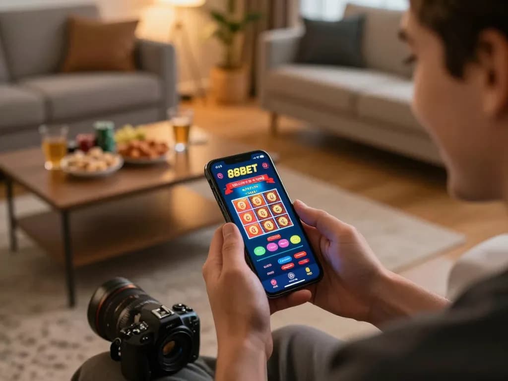 88BET app displayed on smartphone with player enjoying online gaming in a cozy home setting