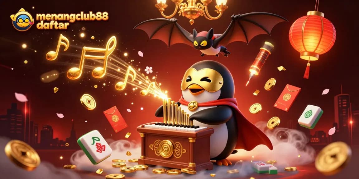 Engage in the excitement of menangclub88 daftar with a vibrant 3D casino scene featuring a penguin playing an organ.