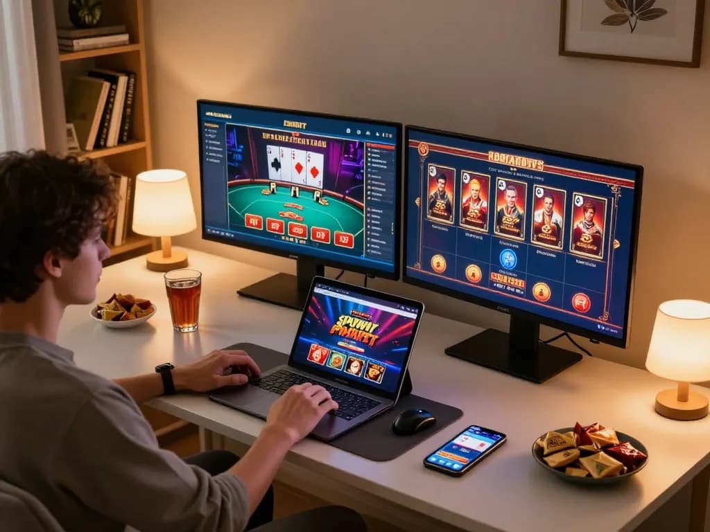 Engaged player using cm888 on multiple devices in a cozy, modern gaming setup at home.