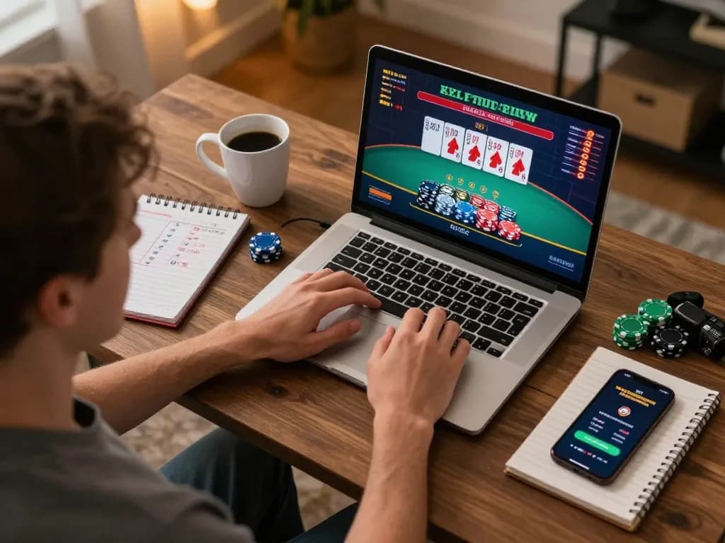 Memainkan demo PG Soft Lengkap blackjack di laptop, menunjukkan strategi gaming di rumah.