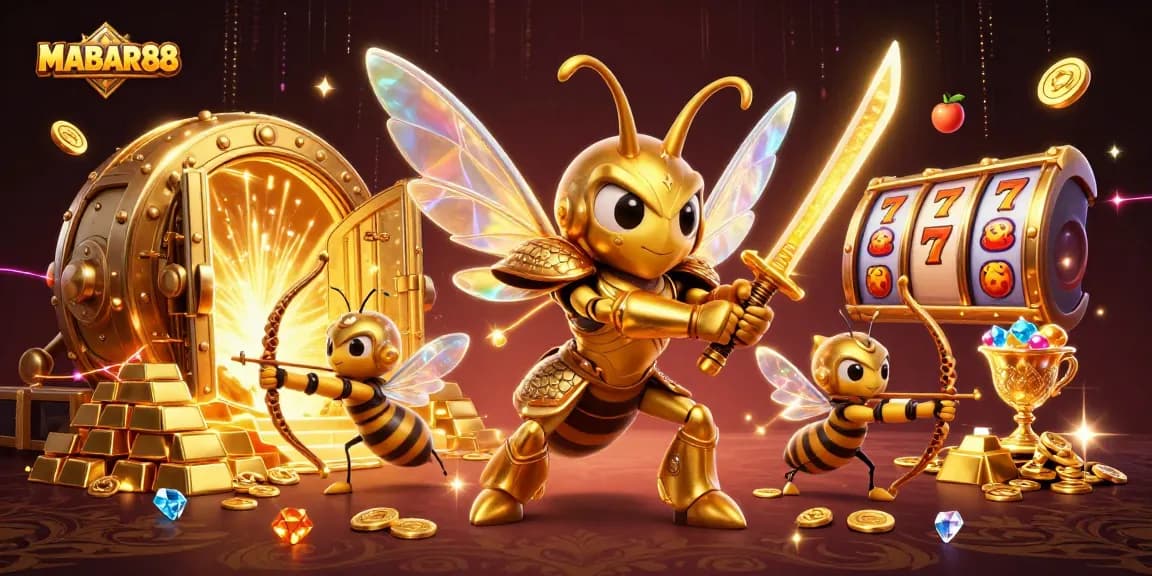 MABAR88 boosts excitement with golden samurai hornet and slot reels in a dynamic casino scene.
