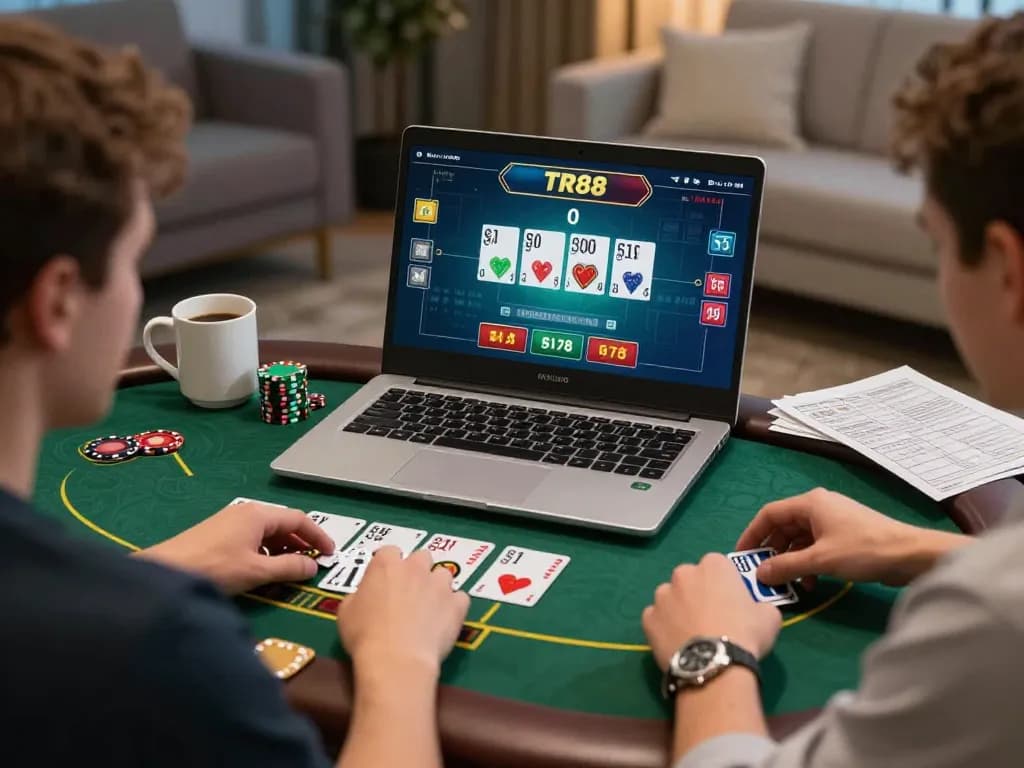 TR88 player engaged in a dynamic live blackjack game on a laptop, illustrating online gambling excitement