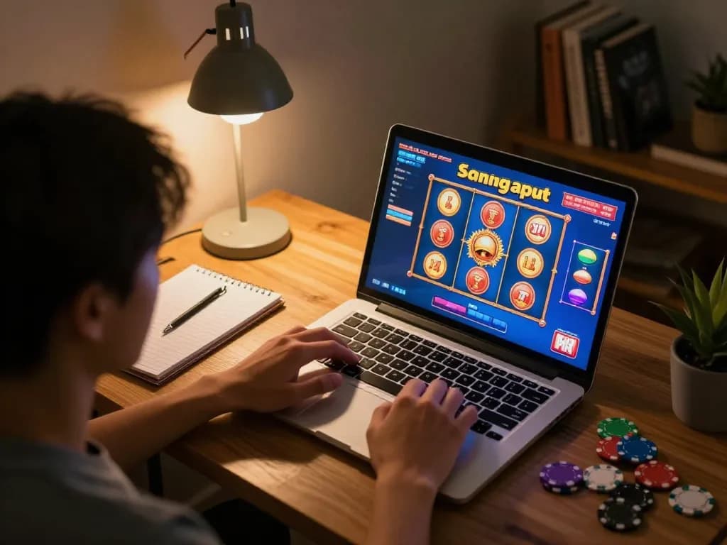 Engaging player enjoying situs slot games on laptop in cozy home setting, showcasing strategy planning with notes.
