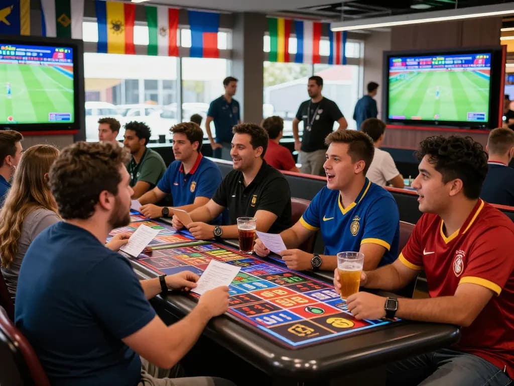 Penggemar menikmati pertandingan sbobet piala dunia di sportsbook yang ramai dengan suasana yang hidup.