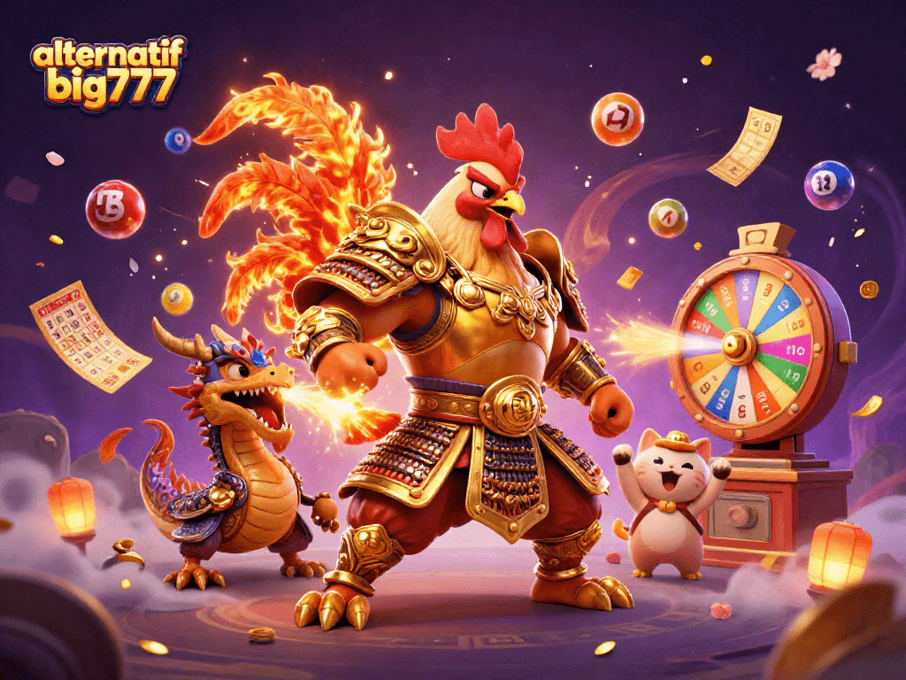Permainan menarik alternatif big777 dengan ayam petarung dan naga, dikelilingi bola lotere.