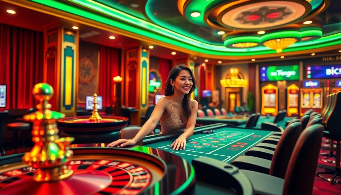 Experience the excitement of gambling at NK88 with a luxurious online casino setup featuring vibrant tables and rewards.