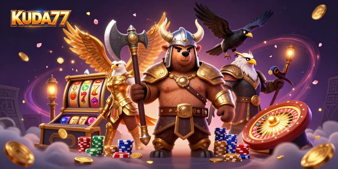 KUDA77 menampilkan karakter Viking dan simbol slot, mengundang pemain untuk menang di perjudian.