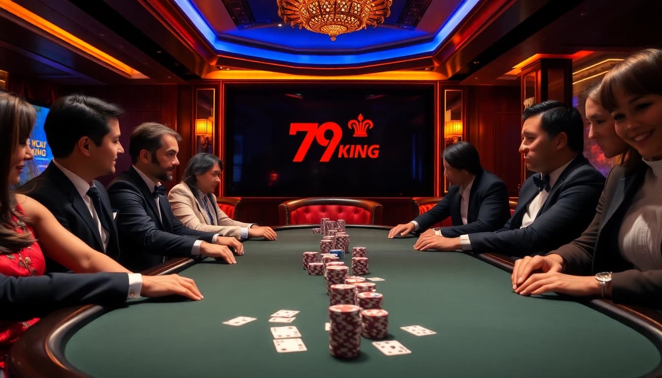 Players engaging in an exciting poker game at 79king's luxurious casino table.