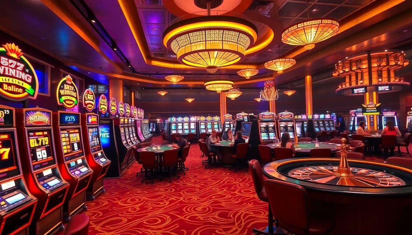 Experience the thrill of winning big at 555 win with dynamic casino gameplay, showcasing slot machines and poker tables.