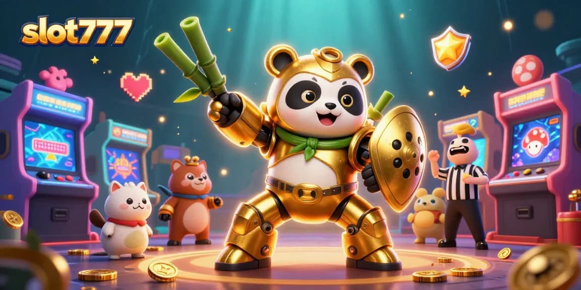 Experience slot777 excitement with a golden panda in a vibrant casino arena, engaging in thrilling gaming action.