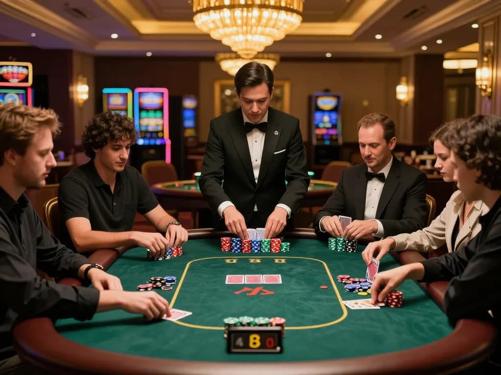 NK88 players strategizing their next move in an upscale poker game, vibrant chips and cards in action.
