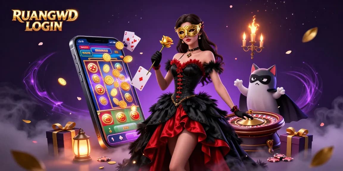 Engage with RUANGWD LOGIN through vibrant slot gaming excitement in a rich casino illustration.