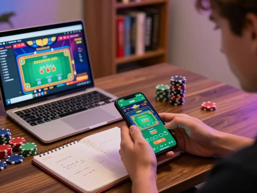 Engaging with the SC88 mobile app during an online gaming session with poker chips and strategy notes.