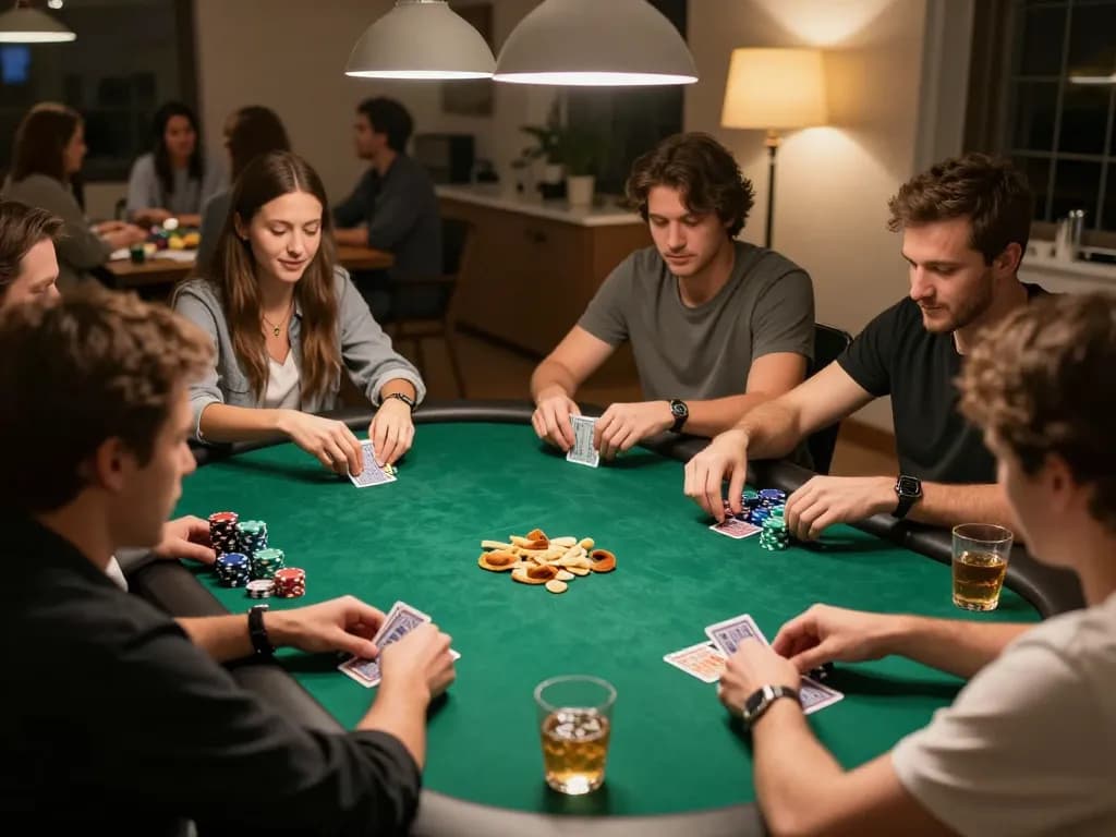 ATQ poker players strategizing in a cozy home setting with vibrant engagement and competitive spirit.
