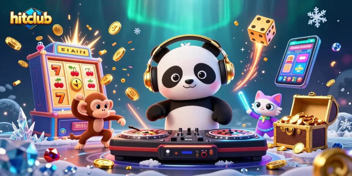 Hitclub's vibrant casino scene showcases a DJ panda, breakdancing monkey, and glow-stick kitten amidst a jackpot frenzy.