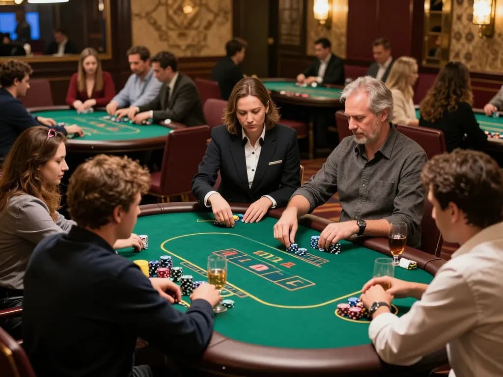 Players enjoying poker game emphasizing Quyền riêng tư in a vibrant casino atmosphere with engaging interactions