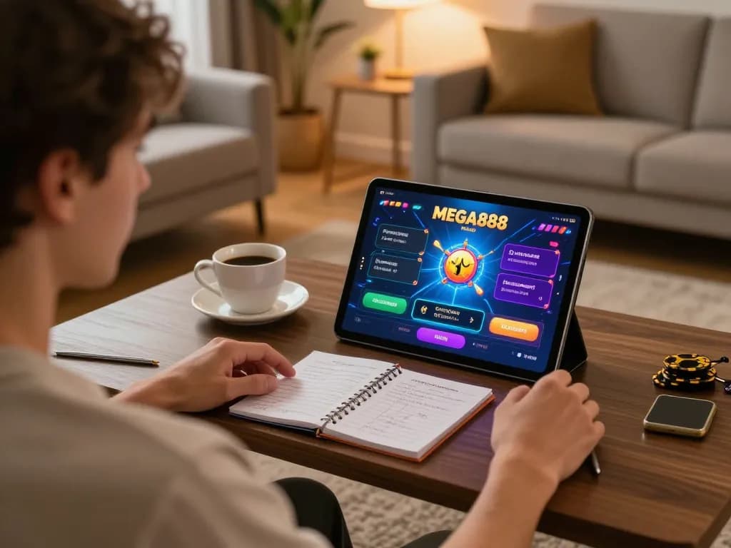 Experience free credit mega888 while gaming comfortably on a tablet in a stylish home setup