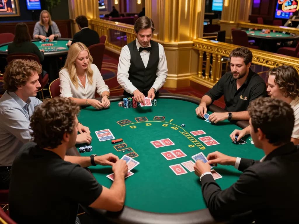 Engaged players at a luxurious blackjack table using nano banana 3 for real-time gaming insights.